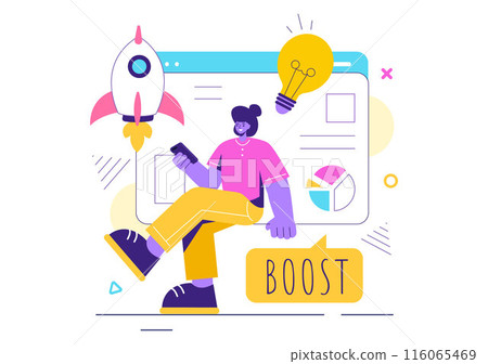 Business Boost Vector Illustration with a Digital Marketing Rocket, Company Career Success in Development and Profit Increase on a Flat Background 116065469