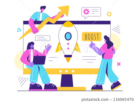 Business Boost Vector Illustration with a Digital Marketing Rocket, Company Career Success in Development and Profit Increase on a Flat Background Business Boost Vector Illustration with a Digital Marketing Rocket, Company Career Success in Development and Profit Increase on a Flat Background 116065470