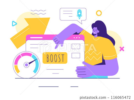 Business Boost Vector Illustration with a Digital Marketing Rocket, Company Career Success in Development and Profit Increase on a Flat Background 116065472