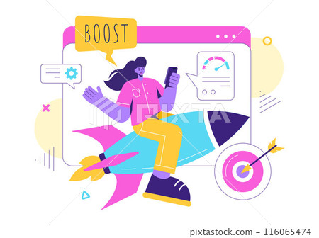 Business Boost Vector Illustration with a Digital Marketing Rocket, Company Career Success in Development and Profit Increase on a Flat Background 116065474