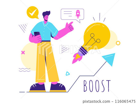 Business Boost Vector Illustration with a Digital Marketing Rocket, Company Career Success in Development and Profit Increase on a Flat Background 116065475