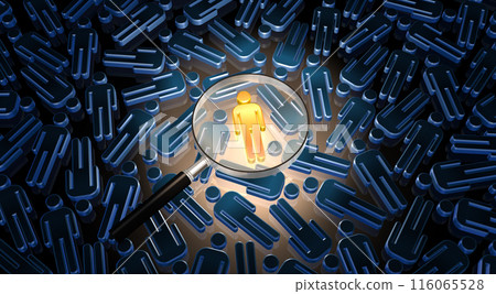 A group of people looking closely at one icon through a magnifying glass, an image of a leader selection process 116065528