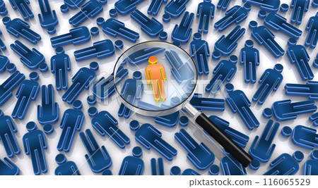 A group of people looking closely at one icon through a magnifying glass, an image of a leader selection process 116065529