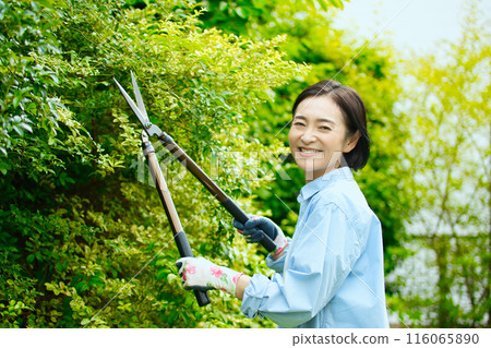 微笑的中年婦女照顧花園樹木 微笑的中年婦女照顧花園樹木 116065890