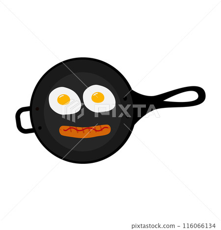 Frying pan with fried eggs and strip of ketchup on a sausage in shape of smiling face. Cards concept 116066134