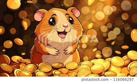 Cartoon Illustration of Hamster with a cheerful expression, Gold Coins. Wealth, Financial Success 116066297