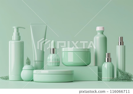 A collection of green beauty products arranged on a table 116066711
