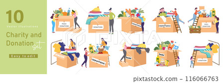 Diverse Group of People Volunteering and Donating Items for Charity in Various Situations. vector illustration 116066763