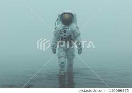 A man in a white space suit is standing in front of a mountain 116066875