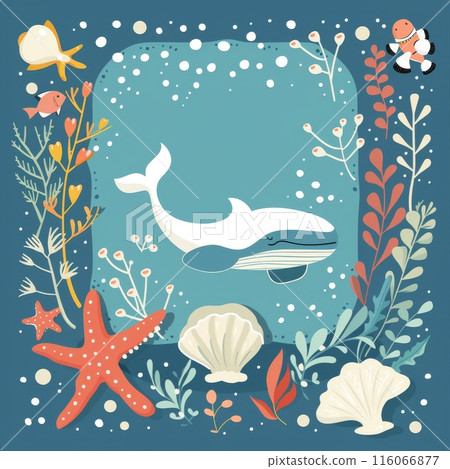 A blue whale is surrounded by a variety of sea creatures and plants 116066877