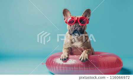 A dog wearing sunglasses and sitting on a red inflatable pool 116066972