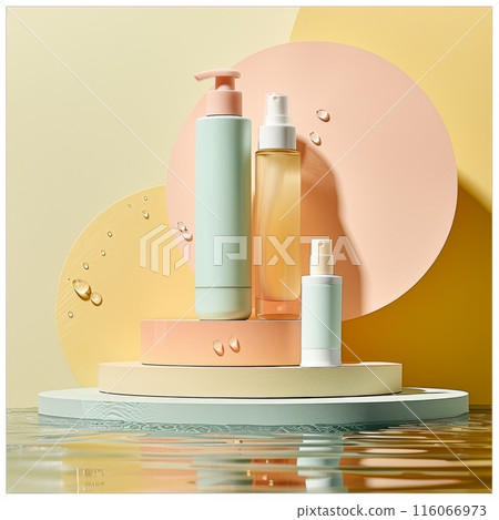 Three bottles of perfume are floating in a pool of water 116066973
