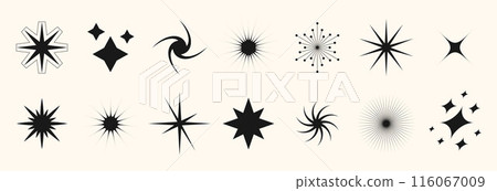Blinking stars, sparks and sparkles set. Shining twinkle sunburst shapes collection. Magic light flare pack for design template, poster, banner, brochure, leaflet. Vector glitter illustrations Blinking stars, sparks and sparkles set. Shining twinkle sunburst shapes collection. Magic light flare pack for design template, poster, banner, brochure, leaflet. Vector glitter illustrations 116067009