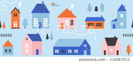 Small cute house seamless pattern. Cartoon village town repeated texture. Doodle cozy tiny little cottages background. Repeating suburban town houses and trees wallpaper. Vector illustration 116067012