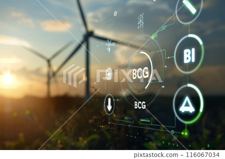 Green clean, Renewable, Sustainable energy concept. Wind turbine background 116067034