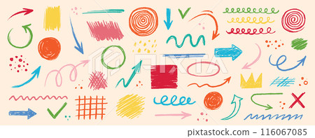 Arrow abstract brush line stroke color vector set. Kid color paint square, spiral, arrow element shape scribble line brush hand drawn sketch design. Grunge abstract chalk, crayon pencil style. Vector Arrow abstract brush line stroke color vector set. Kid color paint square, spiral, arrow element shape scribble line brush hand drawn sketch design. Grunge abstract chalk, crayon pencil style. Vector 116067085