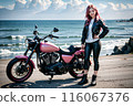 AI-generated | Image of a young and cute woman touring along the coast | Motorcycle image | Motorcycle girl image 116067376