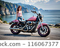 AI-generated | Image of a young and cute woman touring along the coast | Motorcycle image | Motorcycle girl image 116067377