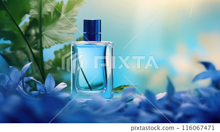 Transparent blue glass perfume bottle mockup with plants on background. Eau de toilette. Mockup, spring flat lay. 116067471