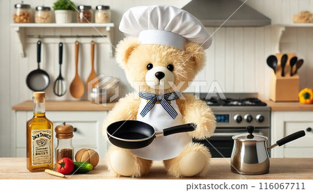 Cute bear wearing a chef's hat and holding a frying pan 116067711