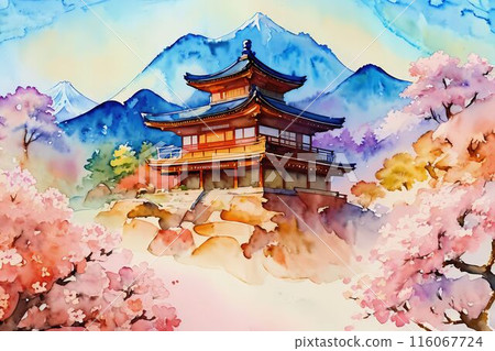 水彩畫/日本原創風景富士與櫻花第4部分 116067724