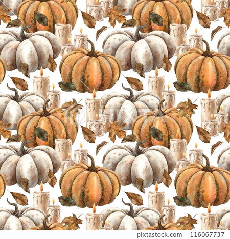 Pattern of pumpkins, wax candles and autumn leaves. Hand drawn watercolor pattern on a white background. Suitable for design, cards or packaging for fall holidays, Thanksgiving, Halloween, witchcraft 116067737
