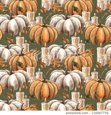 Pattern of pumpkins, wax candles and autumn leaves. Hand drawn watercolor pattern on a green background. Suitable for design, cards or packaging for fall holidays, Thanksgiving, Halloween, witchcraft 116067738