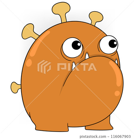 Cartoon Orange Monster Virus with Big Eyes and Yellow Spikes 116067903