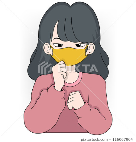 Cartoon Girl Wearing Yellow Face Mask and Pink Sweater for Health Protection 116067904