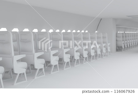 White airplane interior with empty seats and space White airplane interior with empty seats and space 116067926