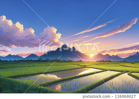 日落時稻田和背景山脈的插圖 116068027