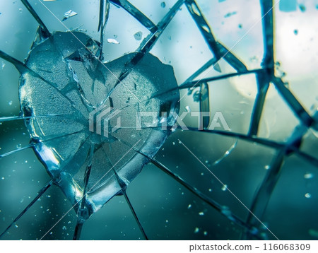 A close-up of a shattered glass heart, with cracks radiating outward, set against a blurred blue background. 116068309