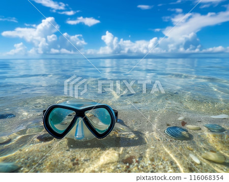 A snorkel mask rests on a clear, shallow beach with pebbles, under a bright blue sky with fluffy clouds. 116068354