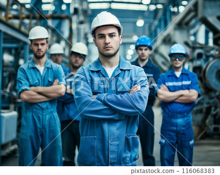 A group of five workers in blue uniforms and white helmets stand confidently in an industrial environment. 116068383