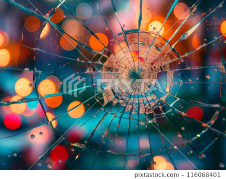 A close-up of shattered glass with vibrant bokeh lights in the background, creating a mesmerizing and abstract visual effect. 116068401