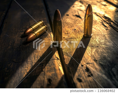 Four bullets are arranged on a wooden surface, illuminated by dramatic lighting, casting long shadows. 116068402