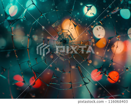 A close-up of cracked glass with colorful bokeh lights in the background, creating a mesmerizing and abstract visual effect. 116068403