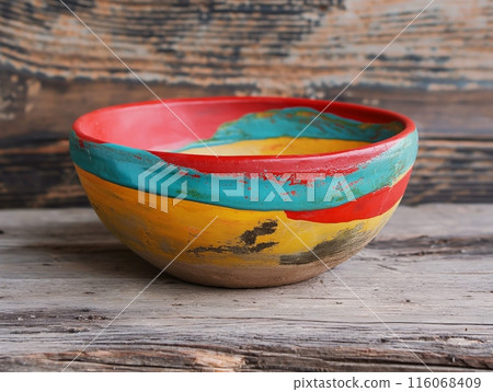 A vibrant ceramic bowl with red, turquoise, yellow, and black paint, set on a rustic wooden surface. A vibrant ceramic bowl with red, turquoise, yellow, and black paint, set on a rustic wooden surface. 116068409
