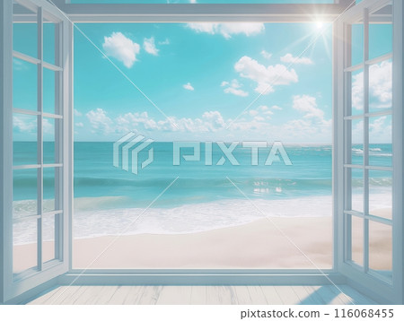 A picturesque view of a tranquil beach with gentle waves, seen through an open window, under a bright, sunny sky. 116068455