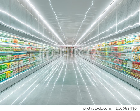 A brightly lit, modern supermarket aisle with reflective floors and fully stocked shelves on both sides. 116068486