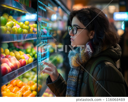 A woman in glasses and a scarf examines fruits in a store, interacting with a digital display. 116068489