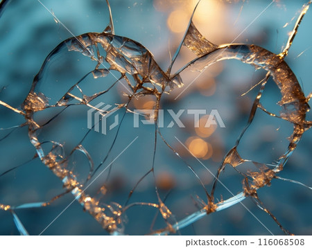 A heart-shaped crack in glass, with a blue background and warm bokeh lights shining through. 116068508