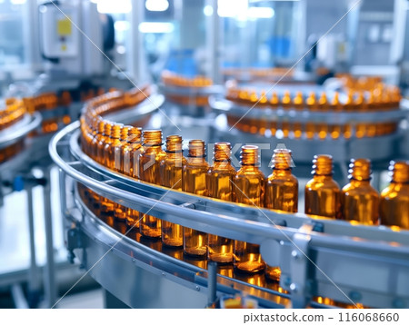 Rows of amber glass bottles move along an automated conveyor system in a modern factory setting. Rows of amber glass bottles move along an automated conveyor system in a modern factory setting. 116068660