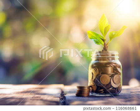 A small plant with green leaves grows from a jar filled with coins, symbolizing financial growth, on a wooden surface with a blurred, sunlit background. 116068661