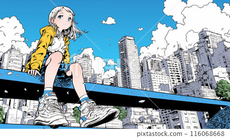 一個女孩坐在欄桿上,背景是一座大城市的摩天大樓 一個女孩坐在欄桿上,背景是一座大城市的摩天大樓 116068668