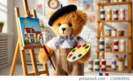 戴著貝雷帽、拿著調色盤和畫筆的可愛熊畫家 116068692