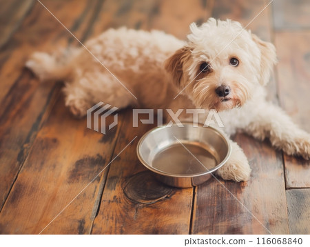 A fluffy, light-colored dog lies on a wooden floor, looking up with a stainless steel bowl in front of it. 116068840