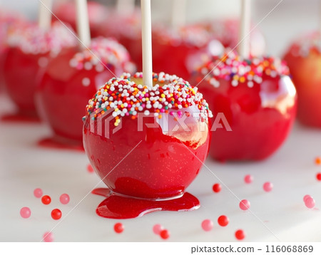 Close-up of vibrant red candy apples topped with colorful sprinkles, set on a white surface. Close-up of vibrant red candy apples topped with colorful sprinkles, set on a white surface. 116068869