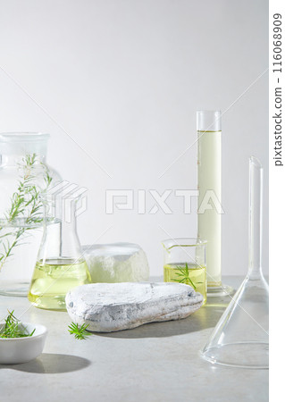 The photography from front view for advertising poster of cosmetic or beauty care products, which has tea tree composition. Blank pedestal surrounded by lab glassware and fresh tea tree plants The photography from front view for advertising poster of cosmetic or beauty care products, which has tea tree composition. Blank pedestal surrounded by lab glassware and fresh tea tree plants 116068909