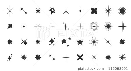 Set shine sparkle icon glare,light,blink star minimal shape, burst and rays decoration. Twinkle magic comic shine isolated on white background. 116068991